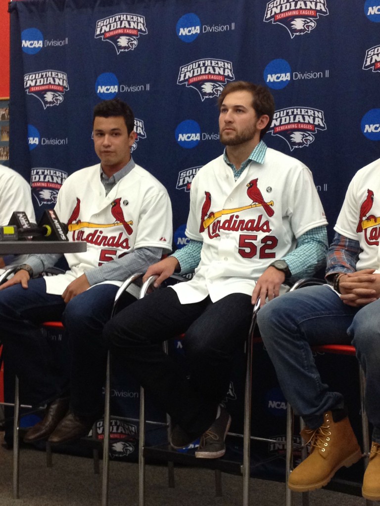 Cardinals pitcher Marco Gonzales (left) speaks to media at a Cardinal Caravan event in Evansville, Ind., on Jan. 16, 2015. (Photo by Cole Claybourn)